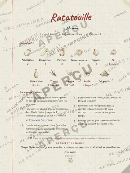 Ratatouille en cahier de famille, mise en page bandeau haut