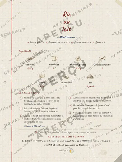 Riz au lait en cahier de famille, mise en page bandeau haut