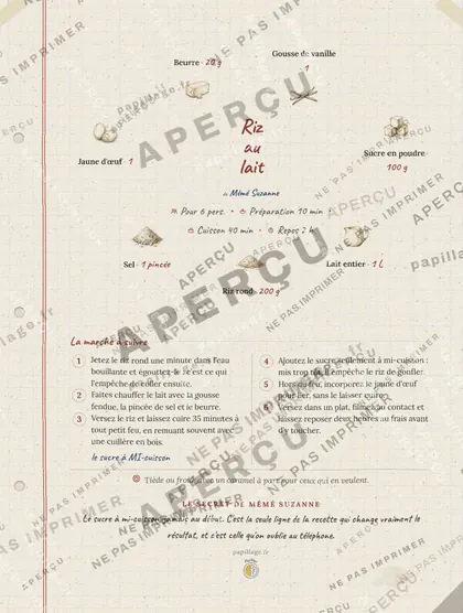 Riz au lait en cahier de famille, mise en page couronne