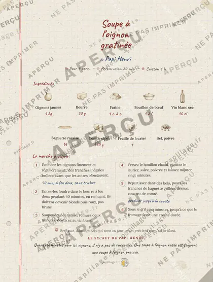 Soupe à l'oignon gratinée en cahier de famille, mise en page bandeau haut