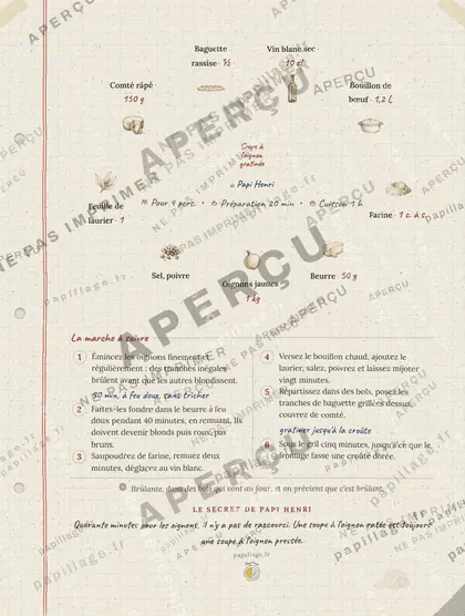 Soupe à l'oignon gratinée en cahier de famille, mise en page couronne