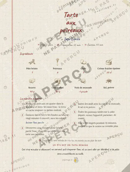 Tarte aux poireaux en cahier de famille, mise en page bandeau haut