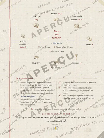 Tarte aux poireaux en cahier de famille, mise en page couronne