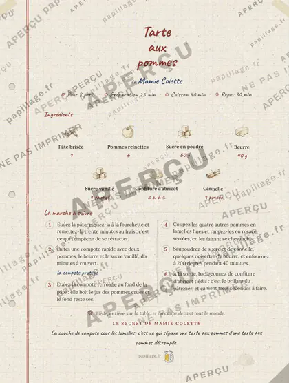 Tarte aux pommes en cahier de famille, mise en page bandeau haut