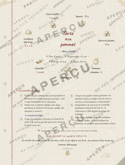 Tarte aux pommes en cahier de famille, mise en page couronne