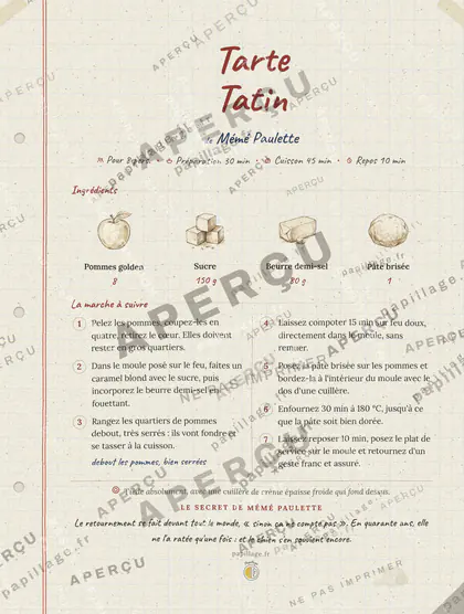 Tarte Tatin en cahier de famille, mise en page bandeau haut