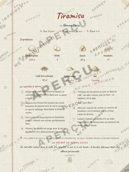 Tiramisu en cahier de famille, mise en page bandeau haut