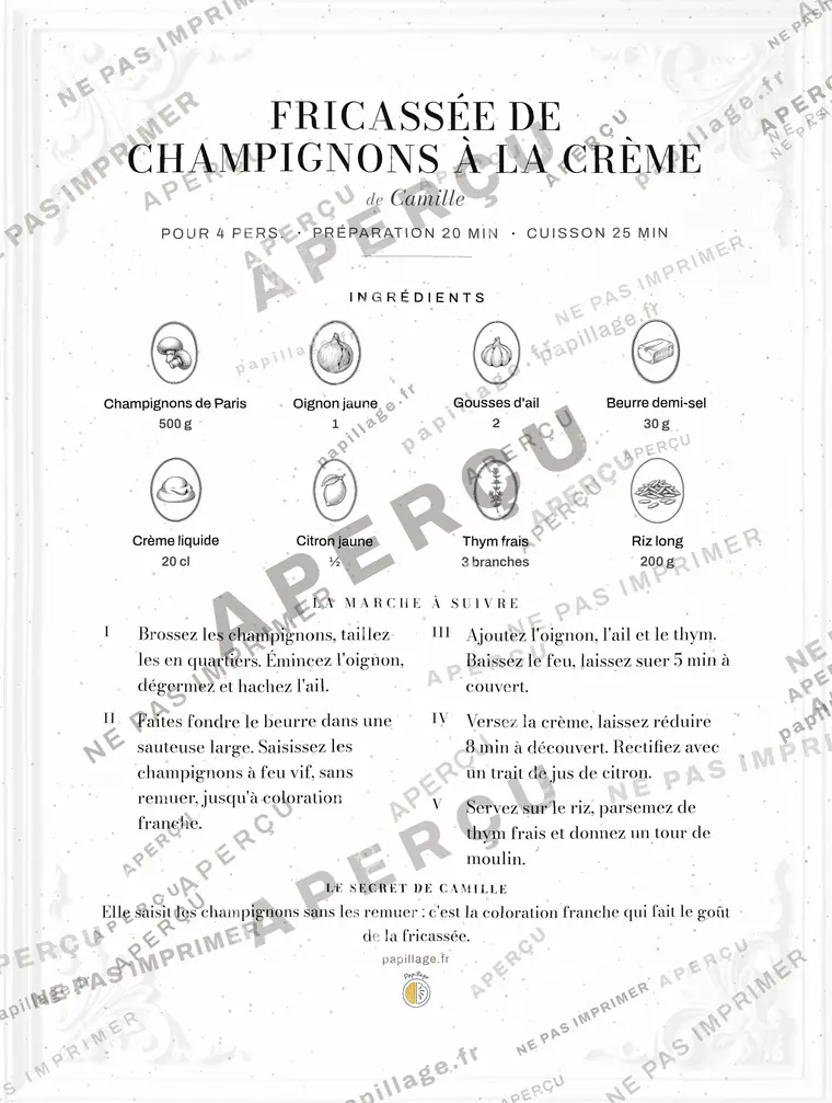 Fricassée de champignons à la crème en chic, mise en page bandeau haut