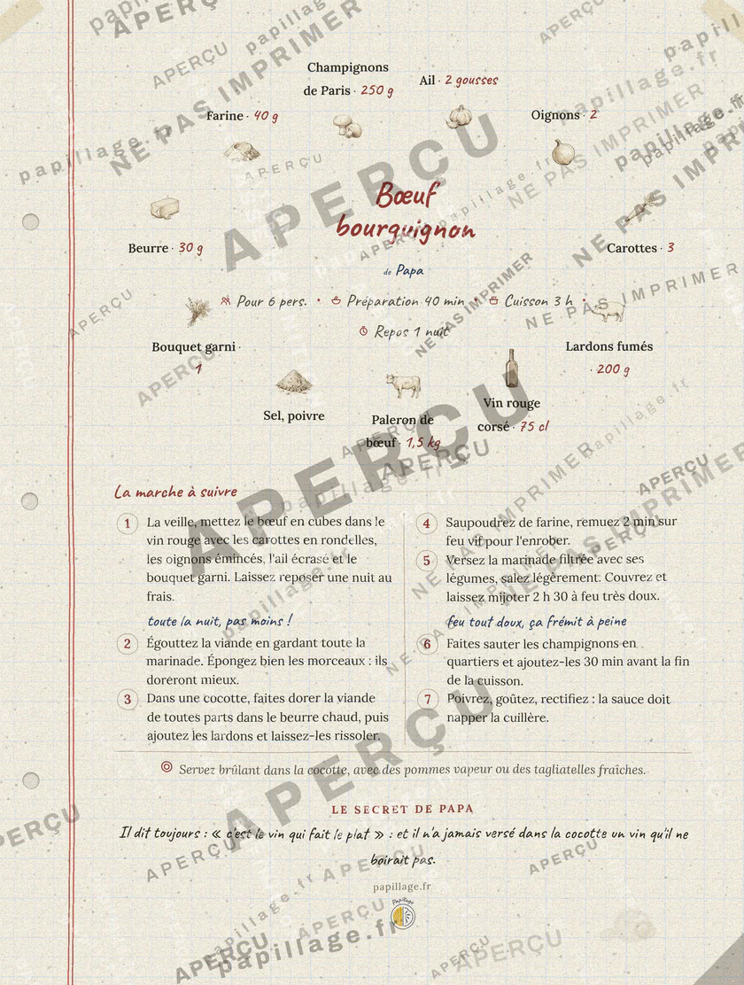 Une image de bœuf bourguignon en couronne, style cahier de famille