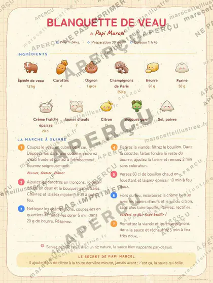 Blanquette de veau en kawaii japonais, mise en page bandeau haut