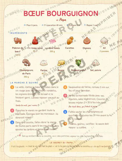 Bœuf bourguignon en kawaii japonais, mise en page bandeau haut