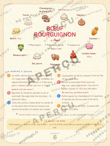 Bœuf bourguignon en kawaii japonais, mise en page couronne