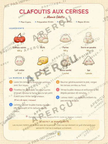 Clafoutis aux cerises en kawaii japonais, mise en page bandeau haut