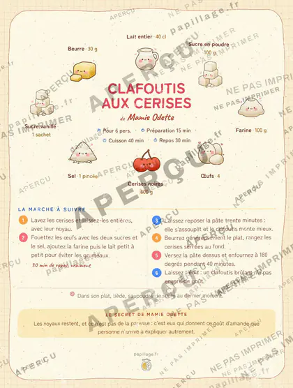 Clafoutis aux cerises en kawaii japonais, mise en page couronne