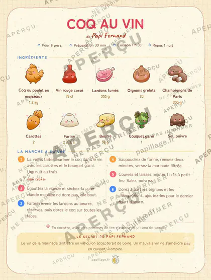 Coq au vin en kawaii japonais, mise en page bandeau haut