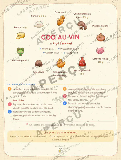 Coq au vin en kawaii japonais, mise en page couronne