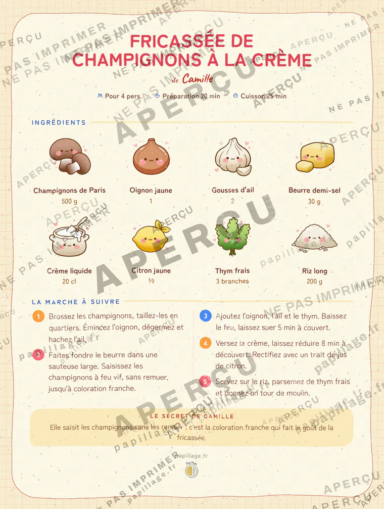 Fricassée de champignons à la crème en kawaii japonais, mise en page bandeau haut