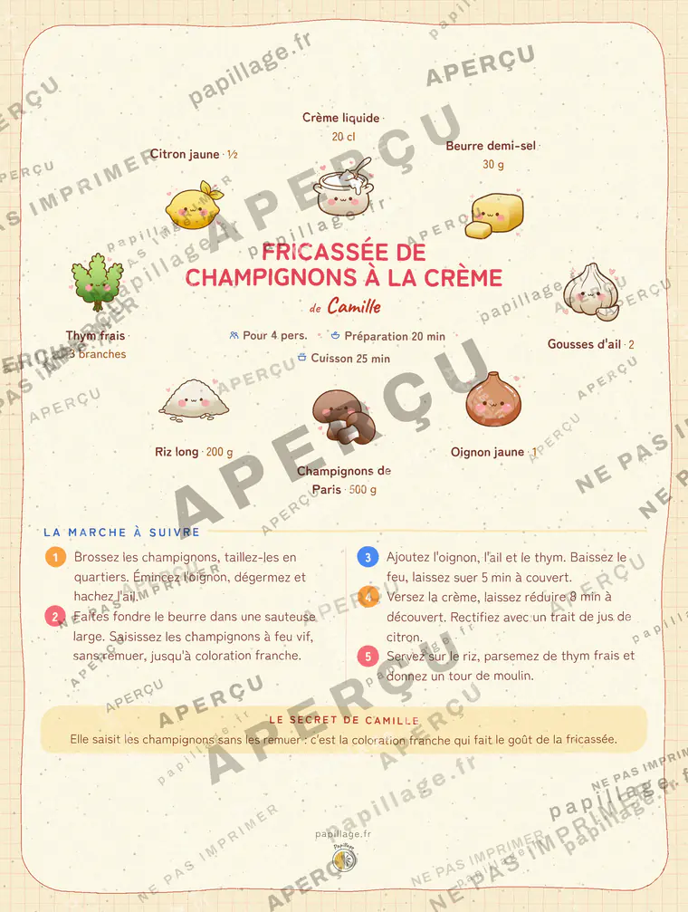 Fricassée de champignons à la crème en kawaii japonais, mise en page couronne