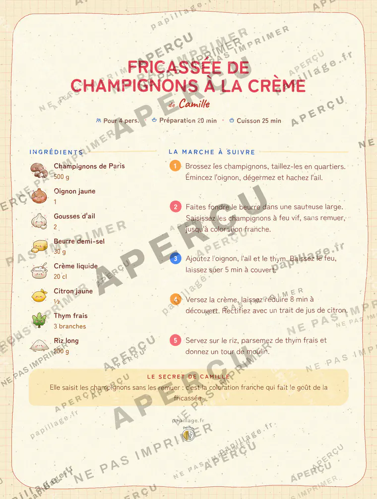 Fricassée de champignons à la crème dans le style Kawaii japonais