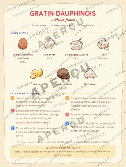 Gratin dauphinois en kawaii japonais, mise en page bandeau haut