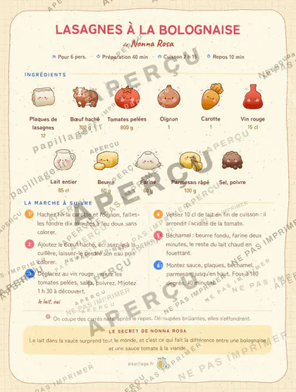 Lasagnes à la bolognaise en kawaii japonais, mise en page bandeau haut