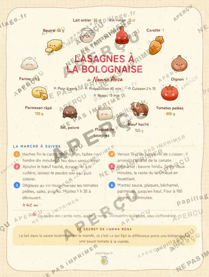 Lasagnes à la bolognaise en kawaii japonais, mise en page couronne