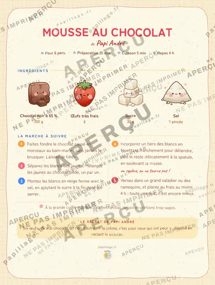 Mousse au chocolat en kawaii japonais, mise en page bandeau haut
