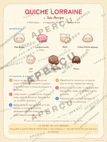 Quiche lorraine en kawaii japonais, mise en page bandeau haut