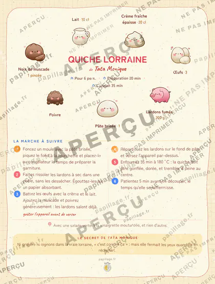 Quiche lorraine en kawaii japonais, mise en page couronne
