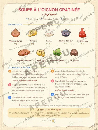 Soupe à l'oignon gratinée en kawaii japonais, mise en page bandeau haut