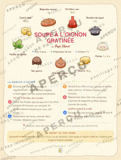 Soupe à l'oignon gratinée en kawaii japonais, mise en page couronne