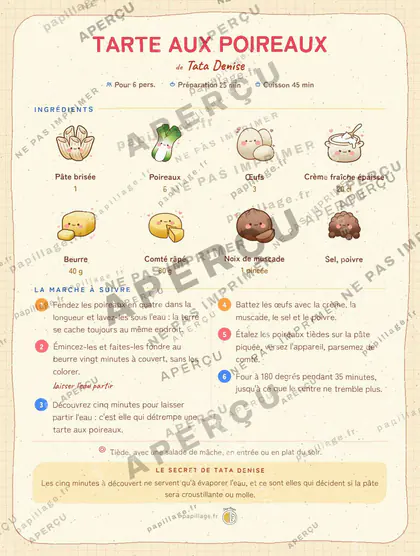 Tarte aux poireaux en kawaii japonais, mise en page bandeau haut