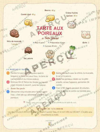 Tarte aux poireaux en kawaii japonais, mise en page couronne