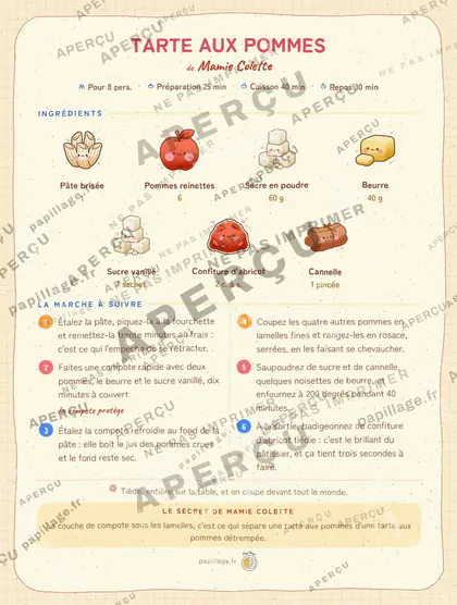 Tarte aux pommes en kawaii japonais, mise en page bandeau haut
