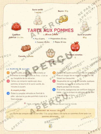 Tarte aux pommes en kawaii japonais, mise en page couronne