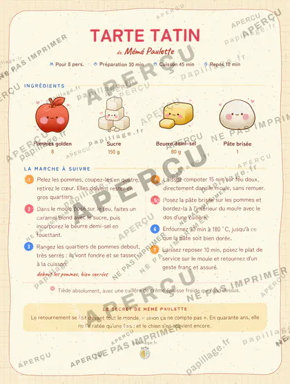 Tarte Tatin en kawaii japonais, mise en page bandeau haut